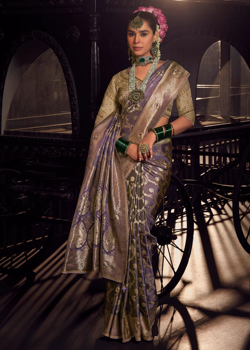 Periwinkle Purple Viscose Tissue Silk Saree with Handcrafted Pallu and Embroidered Blouse - House of Sarvati LLC
