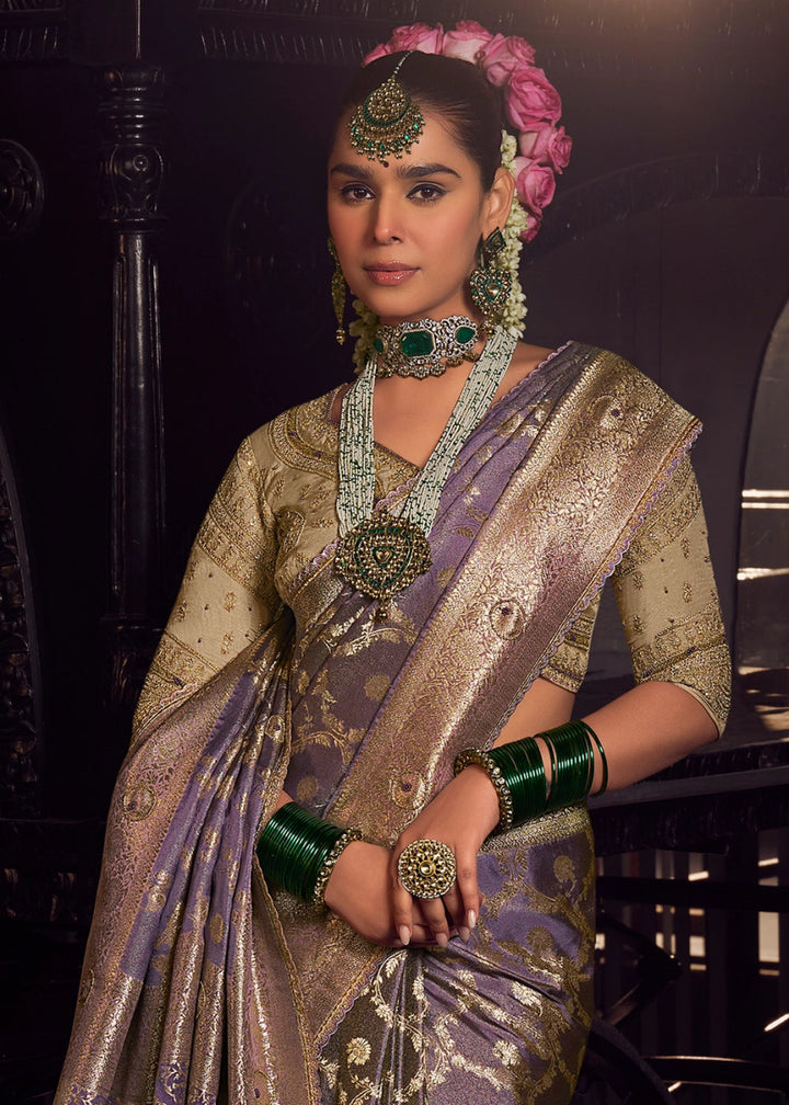 Periwinkle Purple Viscose Tissue Silk Saree with Handcrafted Pallu and Embroidered Blouse - House of Sarvati LLC