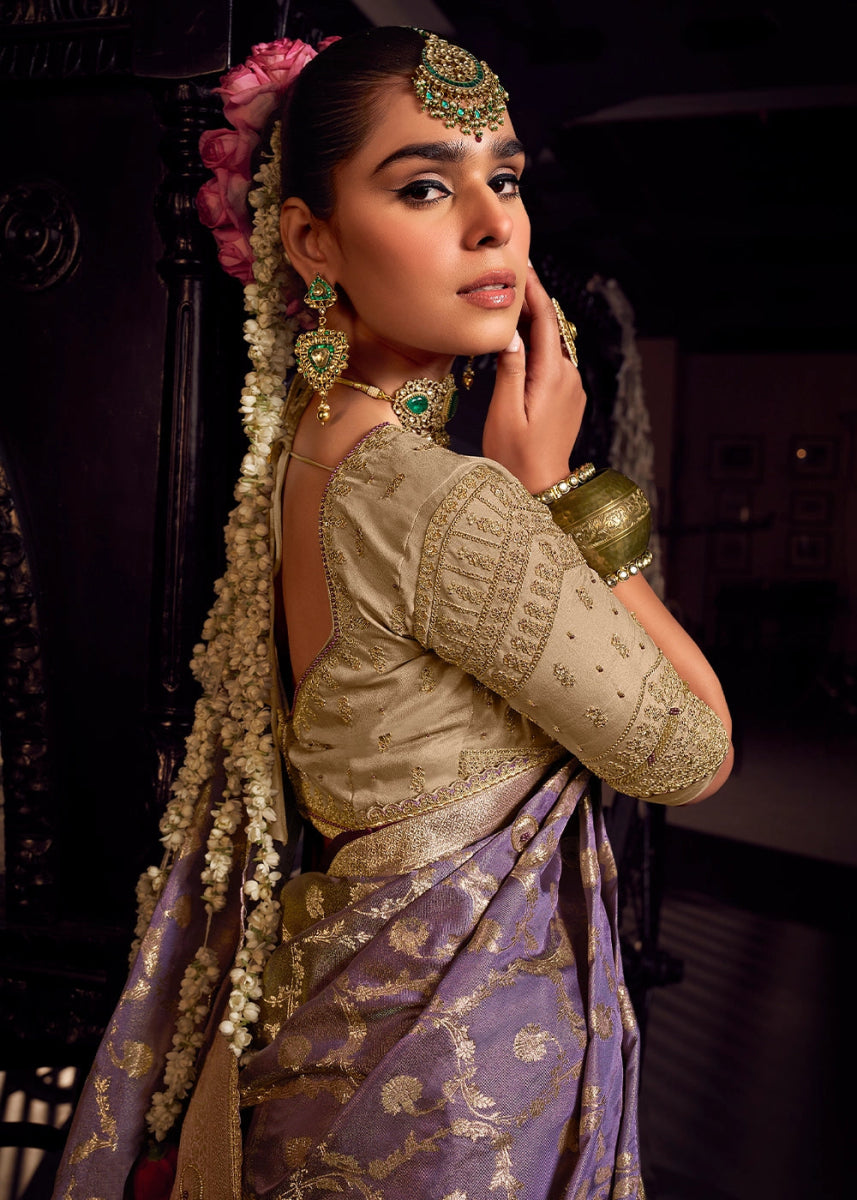 Periwinkle Purple Viscose Tissue Silk Saree with Handcrafted Pallu and Embroidered Blouse - House of Sarvati LLC