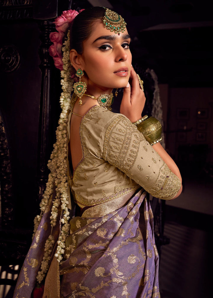 Periwinkle Purple Viscose Tissue Silk Saree with Handcrafted Pallu and Embroidered Blouse - House of Sarvati LLC