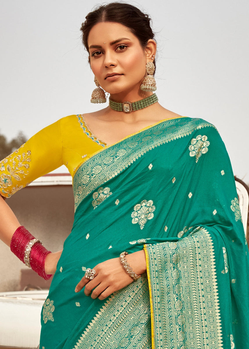 Persian Green Dola Silk Saree with Intricate Weaving & Embroidered Blouse - House of Sarvati LLC