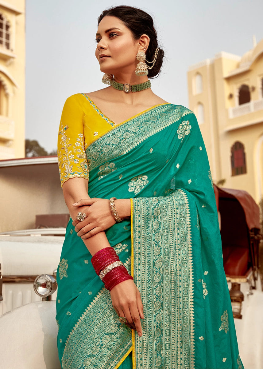 Persian Green Dola Silk Saree with Intricate Weaving & Embroidered Blouse - House of Sarvati LLC