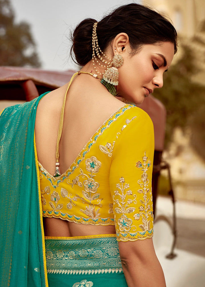 Persian Green Dola Silk Saree with Intricate Weaving & Embroidered Blouse - House of Sarvati LLC