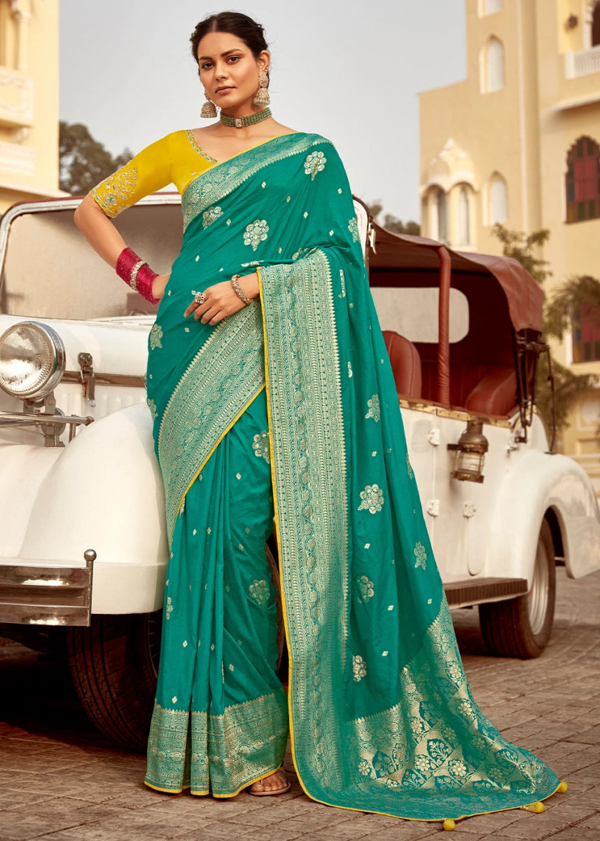 Persian Green Dola Silk Saree with Intricate Weaving & Embroidered Blouse - House of Sarvati LLC