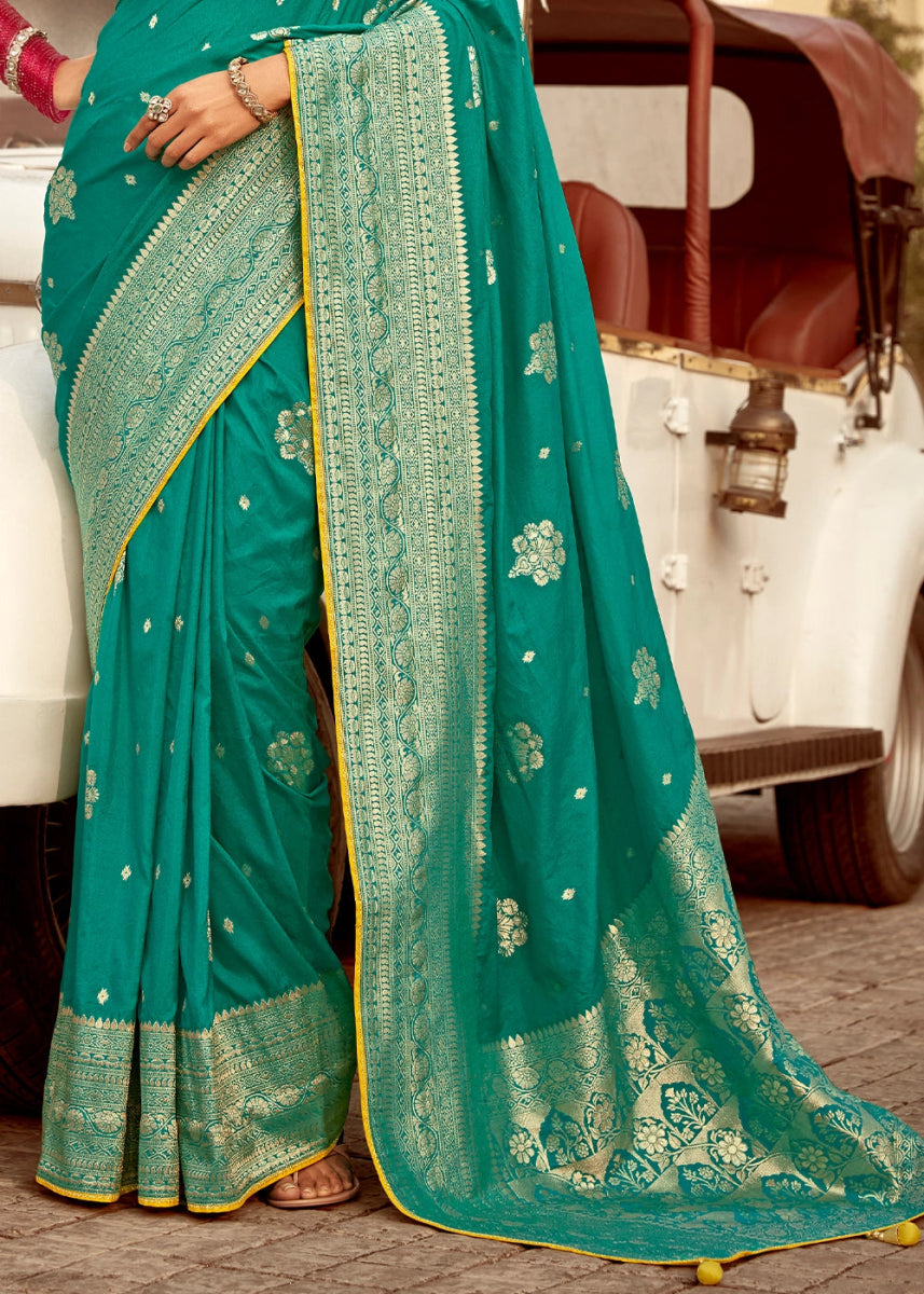 Persian Green Dola Silk Saree with Intricate Weaving & Embroidered Blouse - House of Sarvati LLC