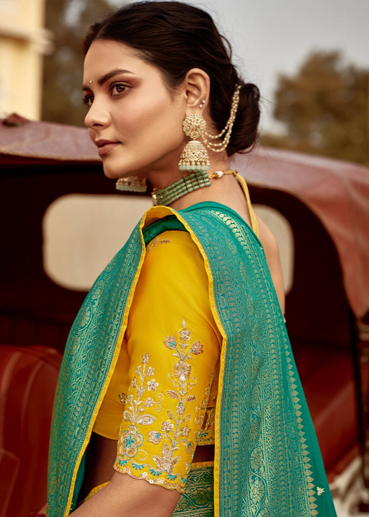 Persian Green Dola Silk Saree with Intricate Weaving & Embroidered Blouse - House of Sarvati LLC