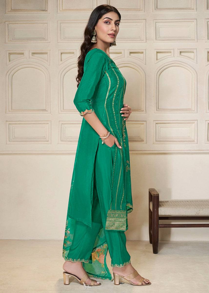 Persian Green Dola Silk Sharara Suit with Intricate Jacquard Detailing - House of Sarvati LLC