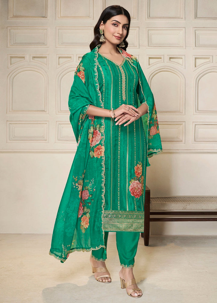 Persian Green Dola Silk Sharara Suit with Intricate Jacquard Detailing - House of Sarvati LLC
