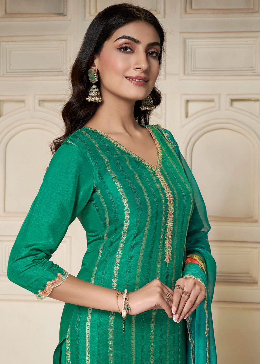 Persian Green Dola Silk Sharara Suit with Intricate Jacquard Detailing - House of Sarvati LLC