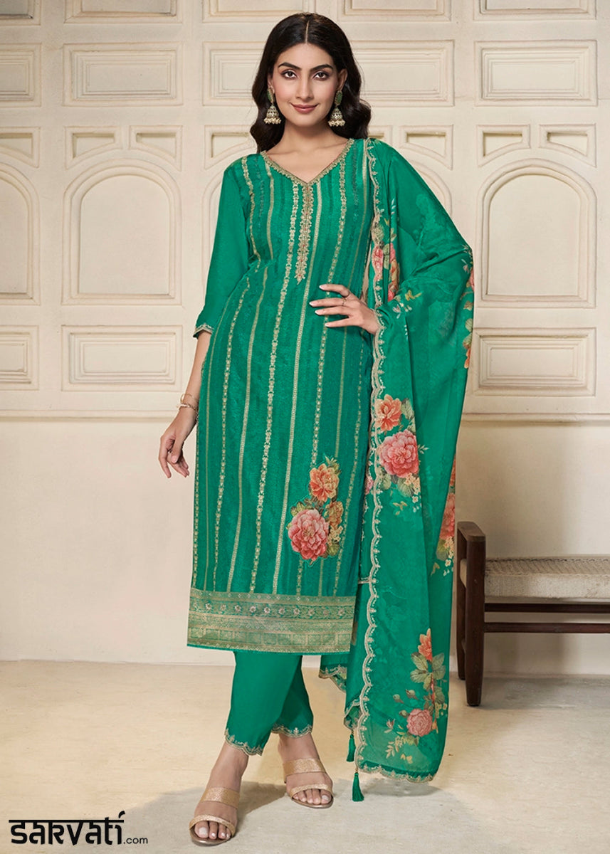 Persian Green Dola Silk Sharara Suit with Intricate Jacquard Detailing - House of Sarvati LLC