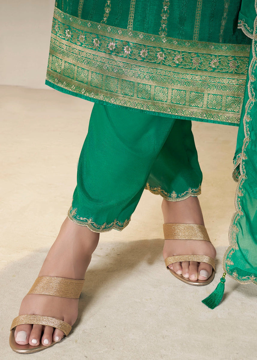 Persian Green Dola Silk Sharara Suit with Intricate Jacquard Detailing - House of Sarvati LLC