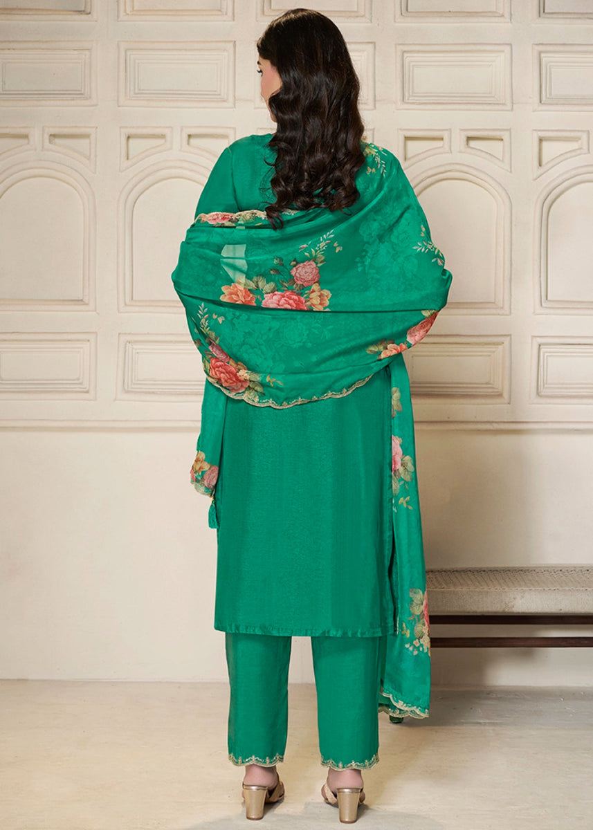 Persian Green Dola Silk Sharara Suit with Intricate Jacquard Detailing - House of Sarvati LLC