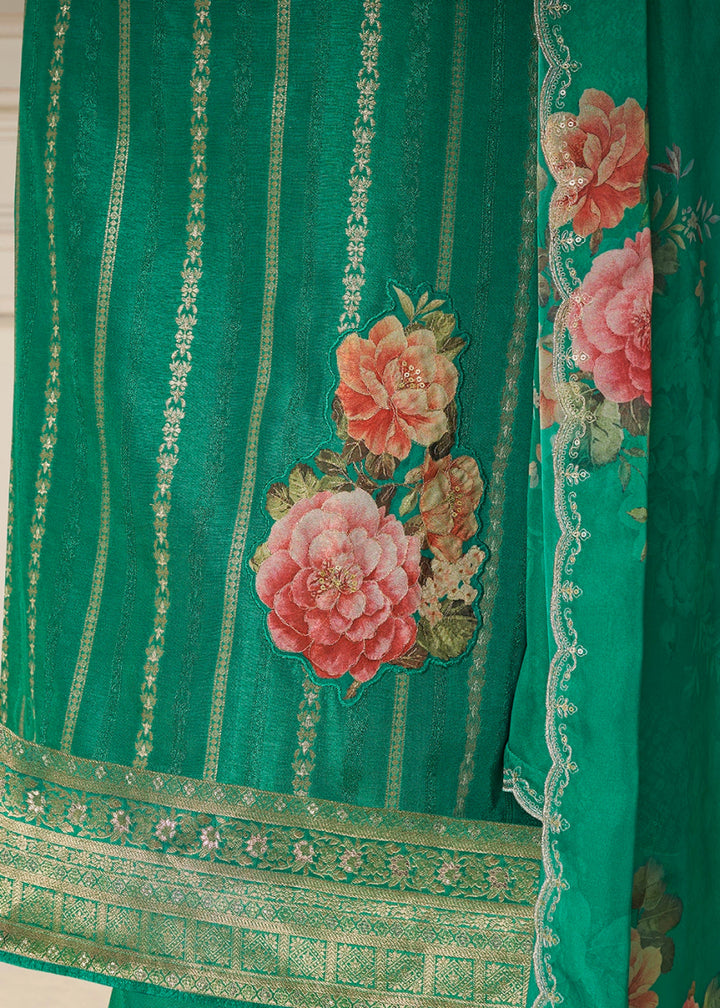 Persian Green Dola Silk Sharara Suit with Intricate Jacquard Detailing - House of Sarvati LLC