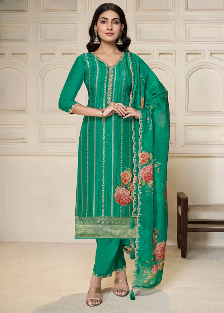Persian Green Dola Silk Sharara Suit with Intricate Jacquard Detailing - House of Sarvati LLC
