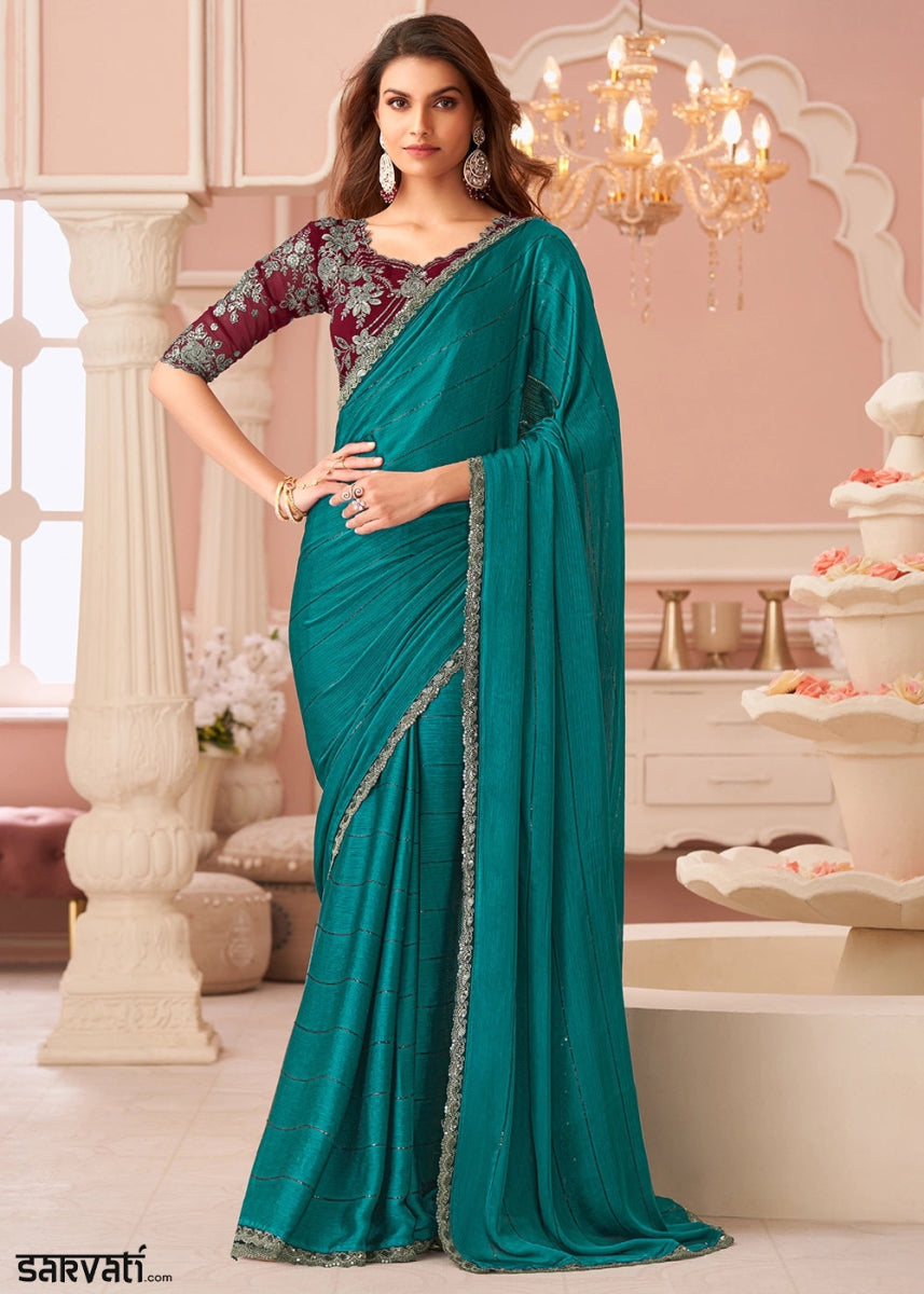 Persian Green Embellished Satin Saree with Designer Blouse - House of Sarvati LLC