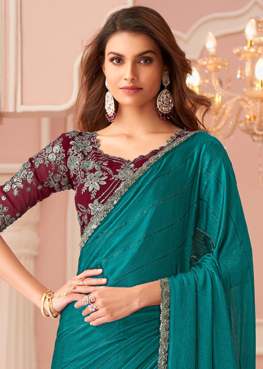 Persian Green Embellished Satin Saree with Designer Blouse - House of Sarvati LLC