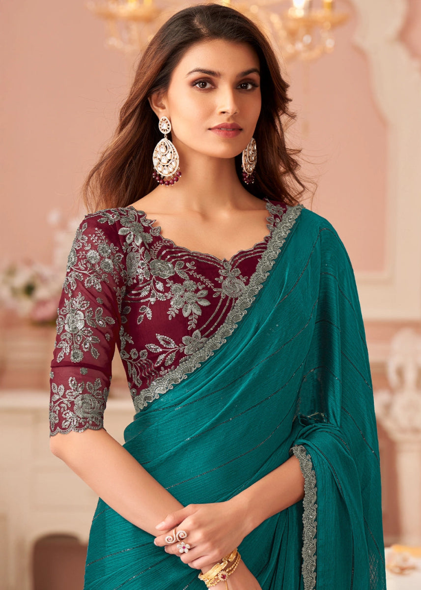 Persian Green Embellished Satin Saree with Designer Blouse - House of Sarvati LLC