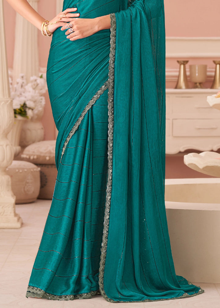 Persian Green Embellished Satin Saree with Designer Blouse - House of Sarvati LLC