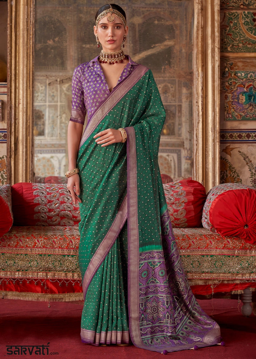 Persian Green Silk Saree with Printed Patterns - House of Sarvati LLC