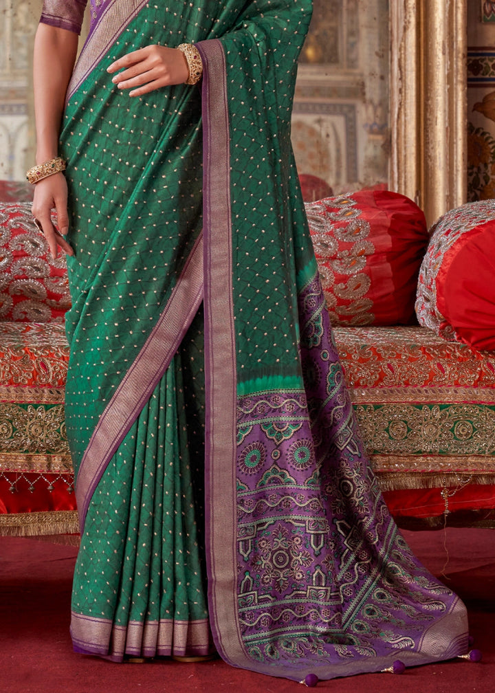 Persian Green Silk Saree with Printed Patterns - House of Sarvati LLC