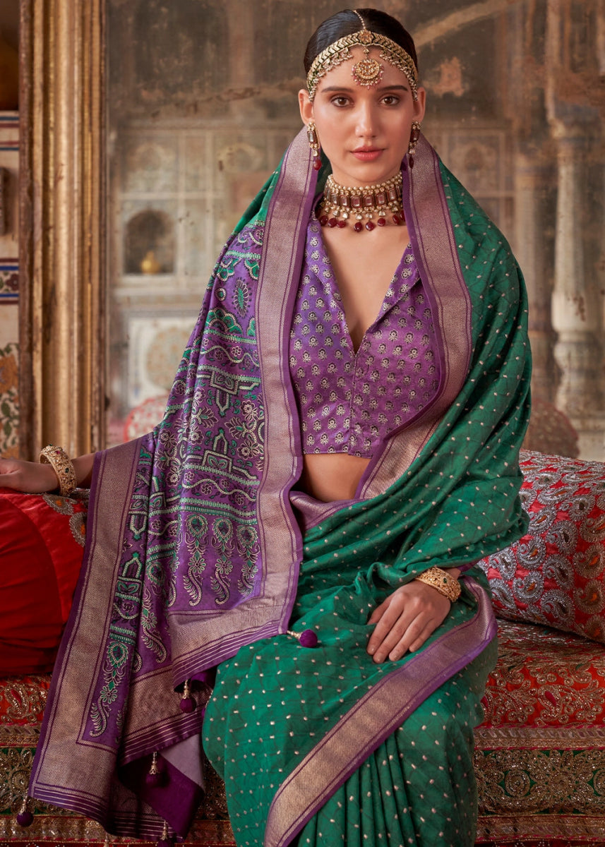 Persian Green Silk Saree with Printed Patterns - House of Sarvati LLC