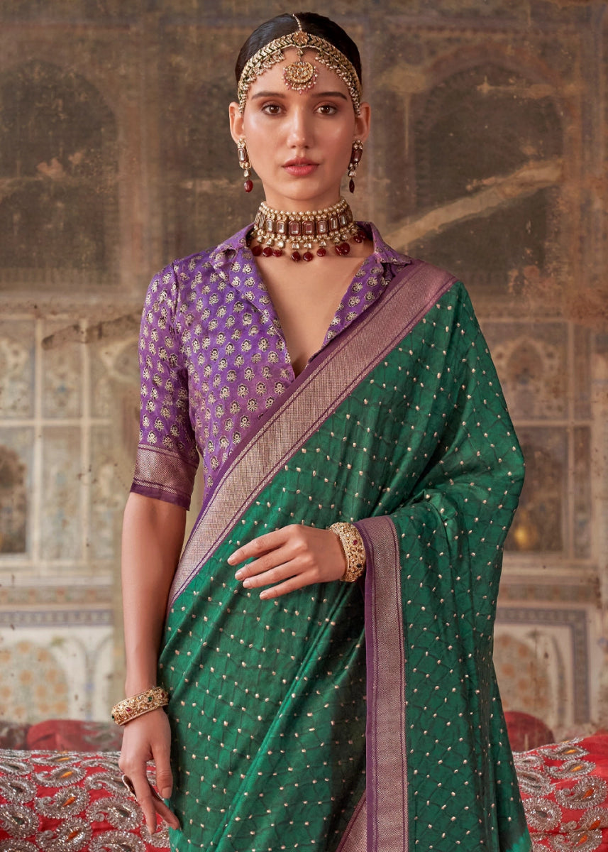 Persian Green Silk Saree with Printed Patterns - House of Sarvati LLC