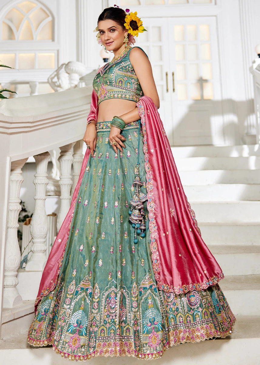 Persian Green Tissue Lehenga Choli with Sequins and Floral Embroidery - House of Sarvati LLC