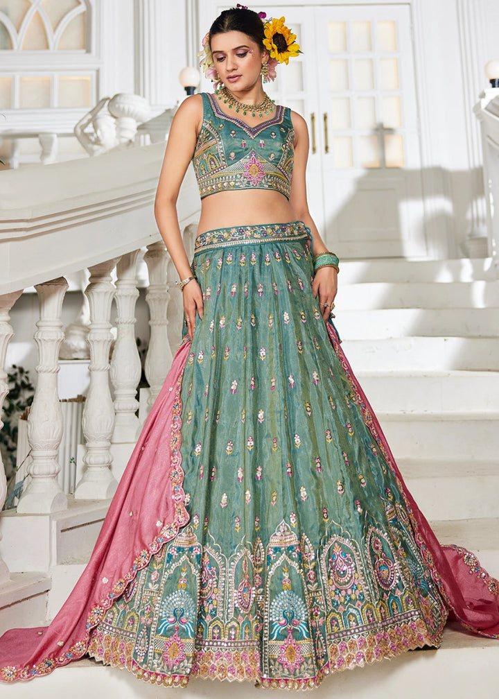Persian Green Tissue Lehenga Choli with Sequins and Floral Embroidery - House of Sarvati LLC