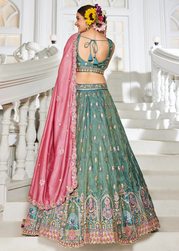 Persian Green Tissue Lehenga Choli with Sequins and Floral Embroidery - House of Sarvati LLC