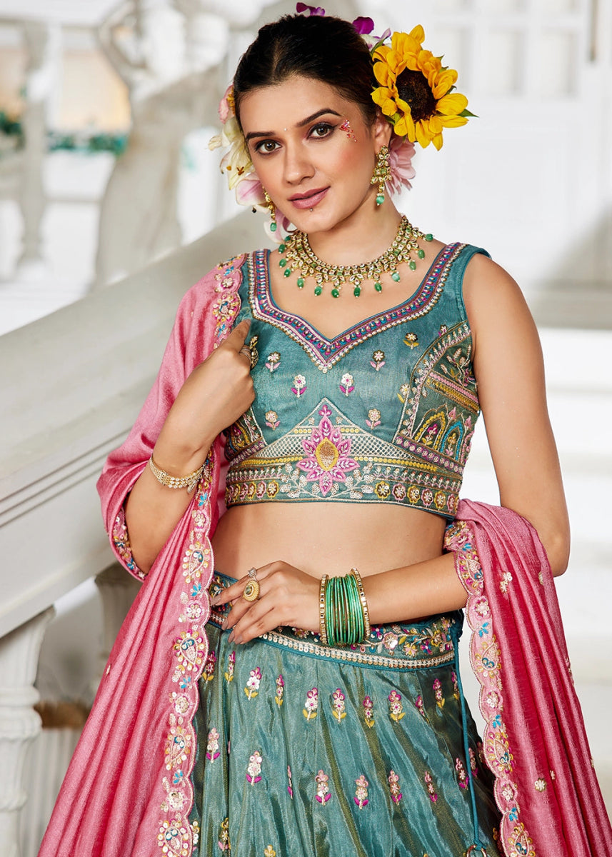 Persian Green Tissue Lehenga Choli with Sequins and Floral Embroidery - House of Sarvati LLC