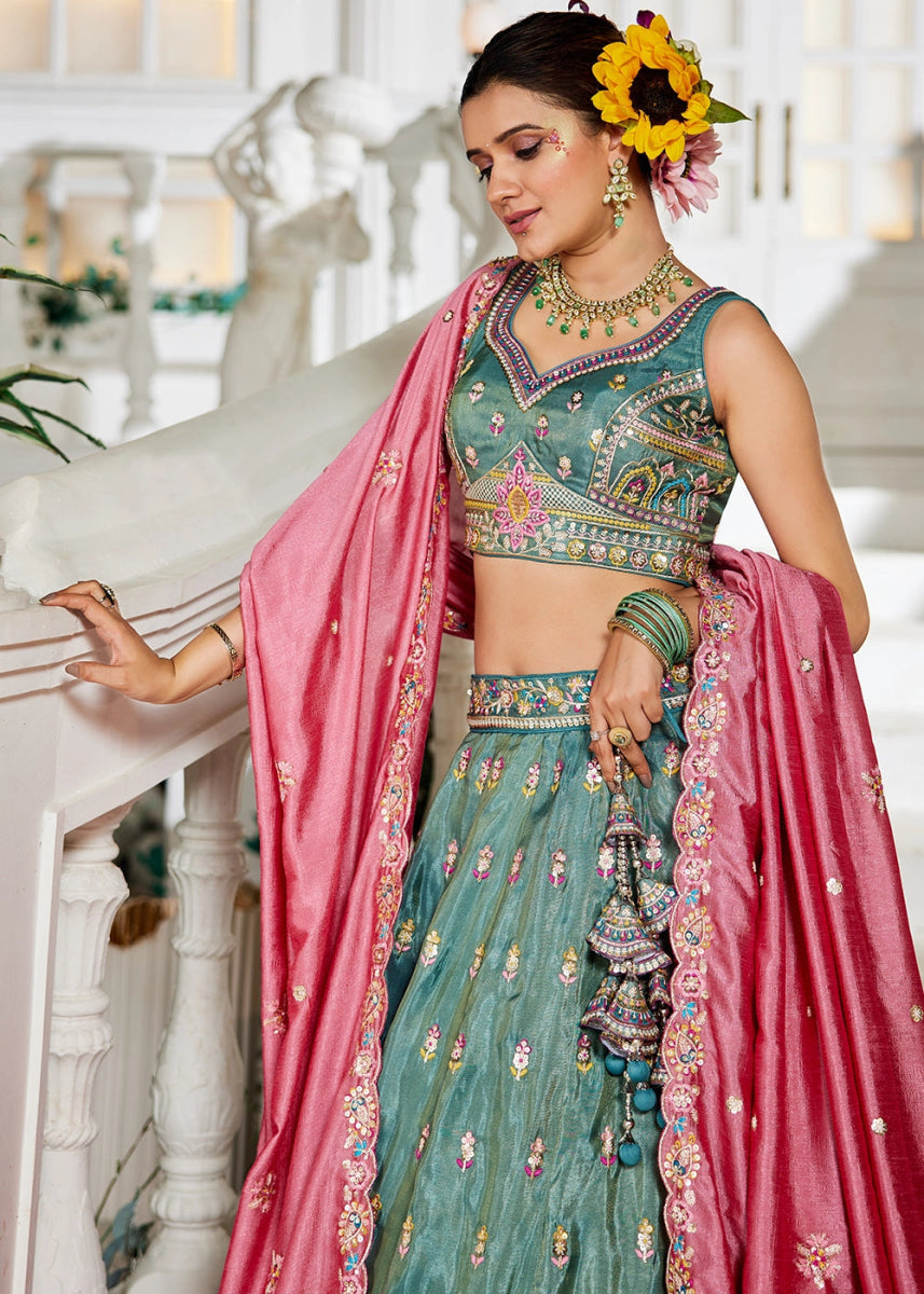 Persian Green Tissue Lehenga Choli with Sequins and Floral Embroidery - House of Sarvati LLC