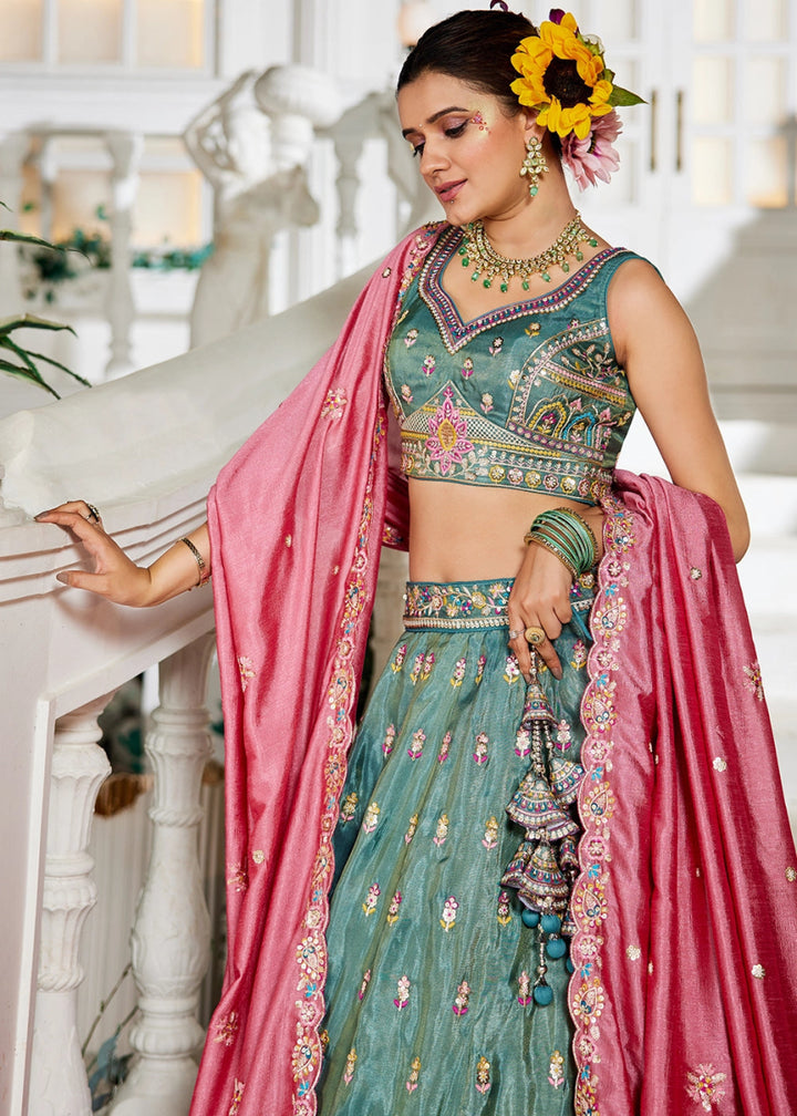 Persian Green Tissue Lehenga Choli with Sequins and Floral Embroidery - House of Sarvati LLC