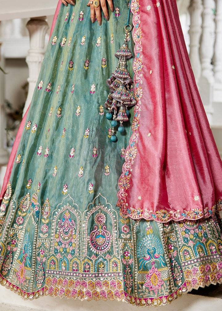 Persian Green Tissue Lehenga Choli with Sequins and Floral Embroidery - House of Sarvati LLC