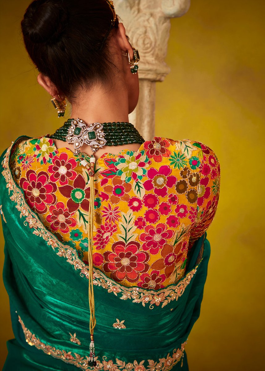 Persian Green Tissue Silk Saree with Stunning Sequins and Thread Embroidery work - House of Sarvati LLC