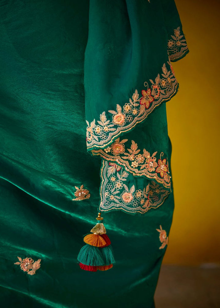 Persian Green Tissue Silk Saree with Stunning Sequins and Thread Embroidery work - House of Sarvati LLC