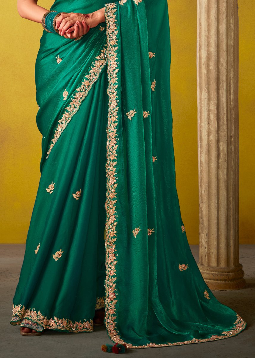 Persian Green Tissue Silk Saree with Stunning Sequins and Thread Embroidery work - House of Sarvati LLC