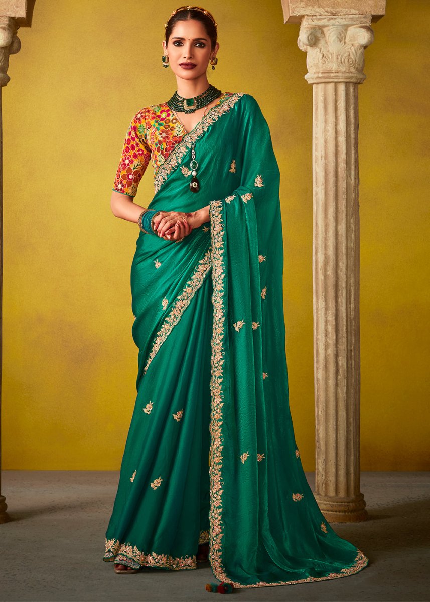 Persian Green Tissue Silk Saree with Stunning Sequins and Thread Embroidery work - House of Sarvati LLC