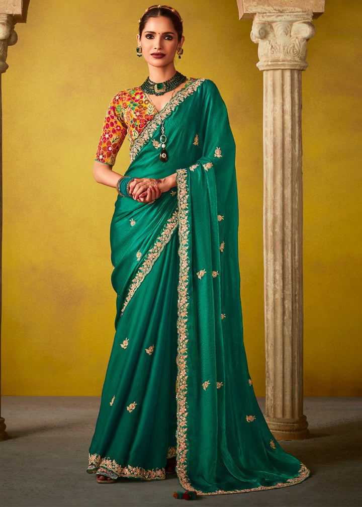 Persian Green Tissue Silk Saree with Stunning Sequins and Thread Embroidery work - House of Sarvati LLC