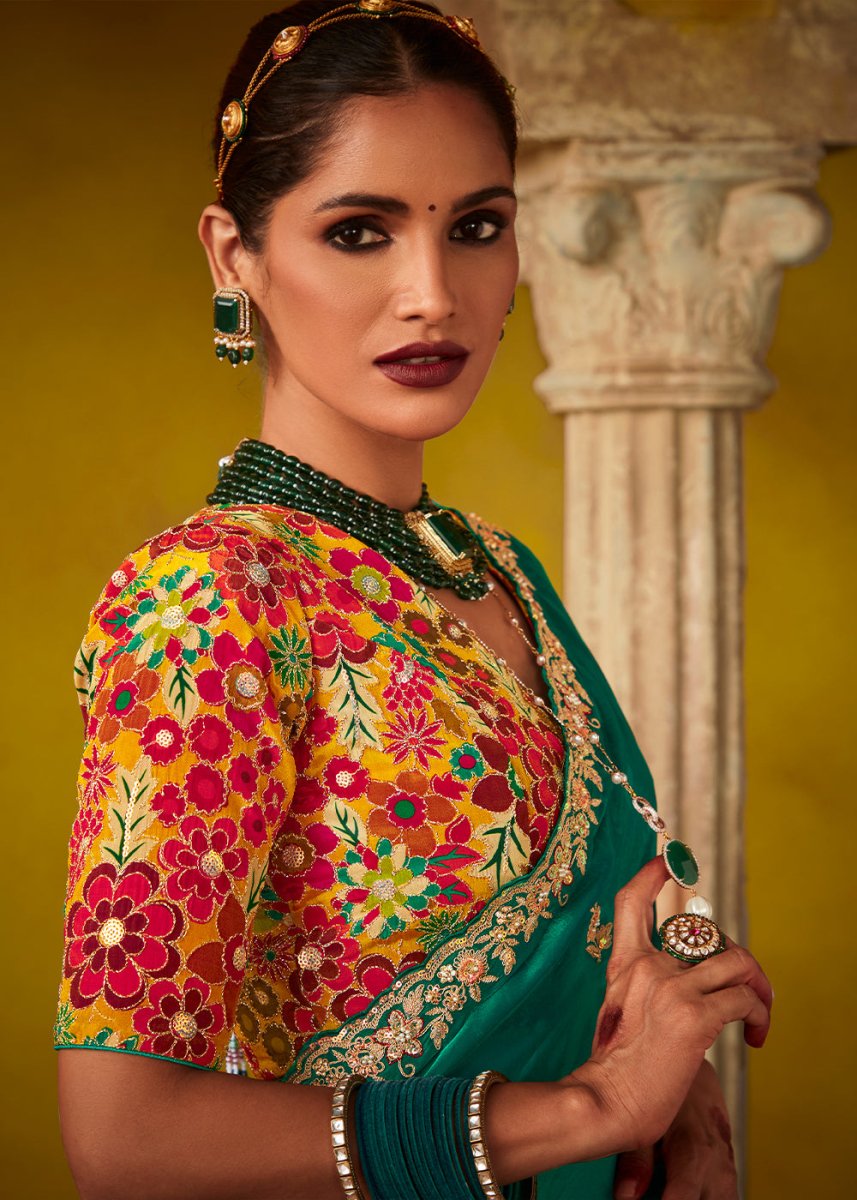 Persian Green Tissue Silk Saree with Stunning Sequins and Thread Embroidery work - House of Sarvati LLC