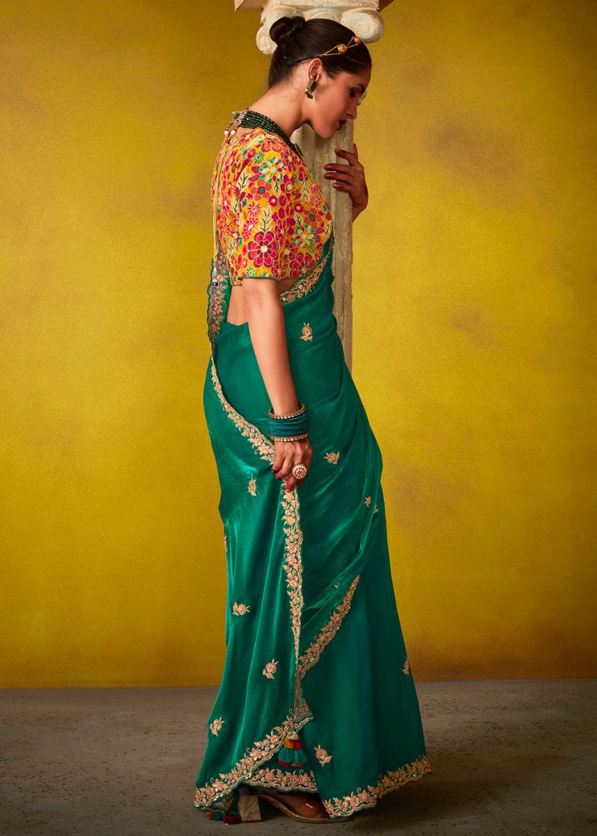 Persian Green Tissue Silk Saree with Stunning Sequins and Thread Embroidery work - House of Sarvati LLC