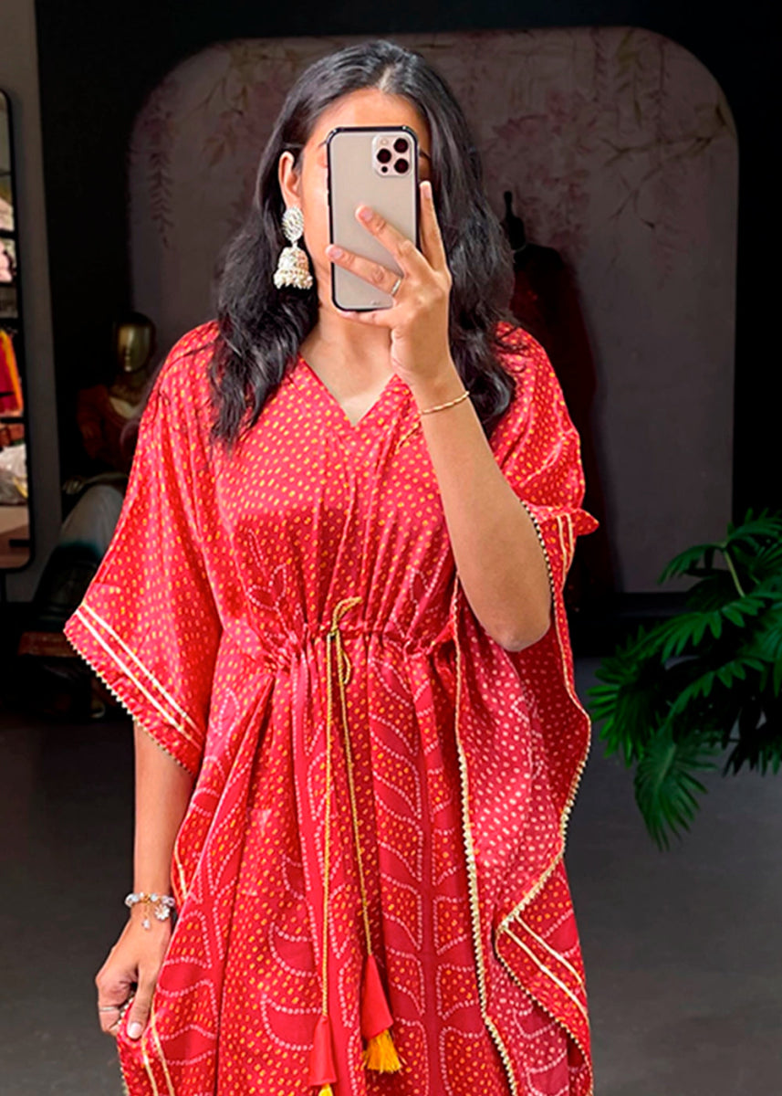 Persian Red Gaji Silk Kaftan with Gota Patti Lace and All - Over Digital Print - House of Sarvati LLC