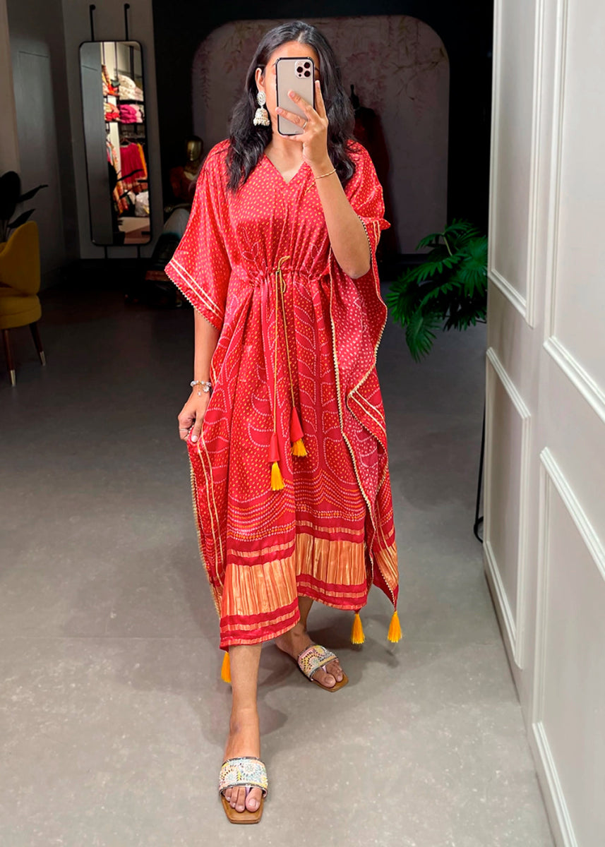 Persian Red Gaji Silk Kaftan with Gota Patti Lace and All - Over Digital Print - House of Sarvati LLC
