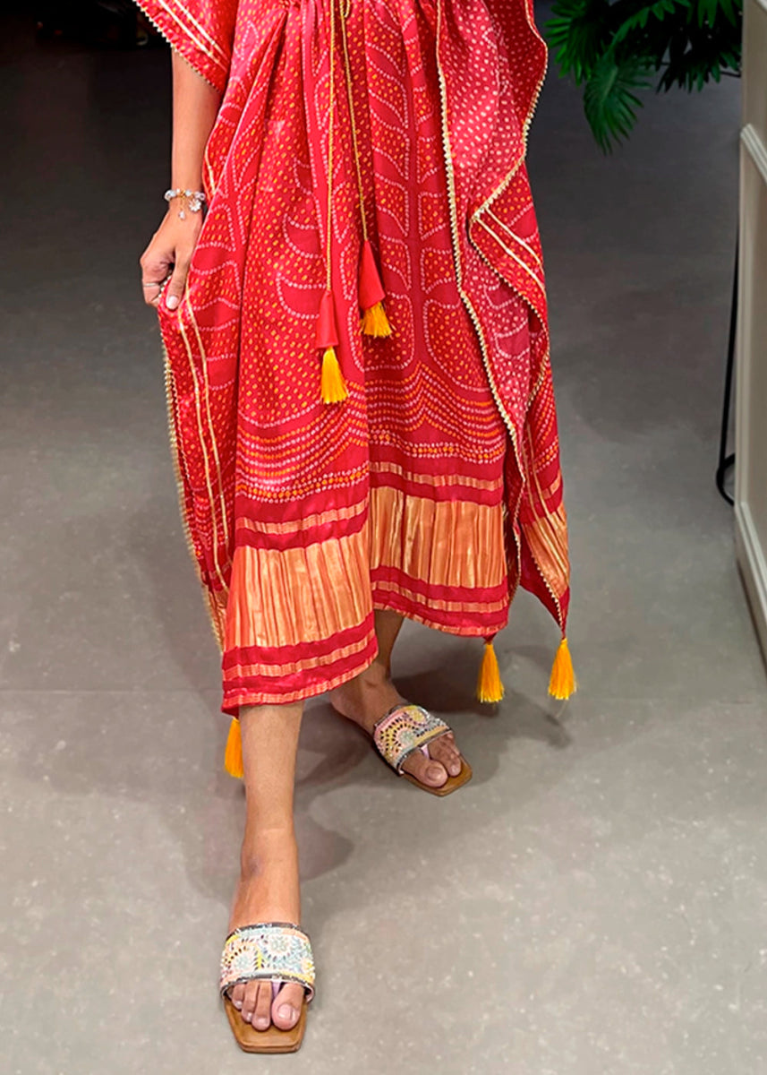 Persian Red Gaji Silk Kaftan with Gota Patti Lace and All - Over Digital Print - House of Sarvati LLC