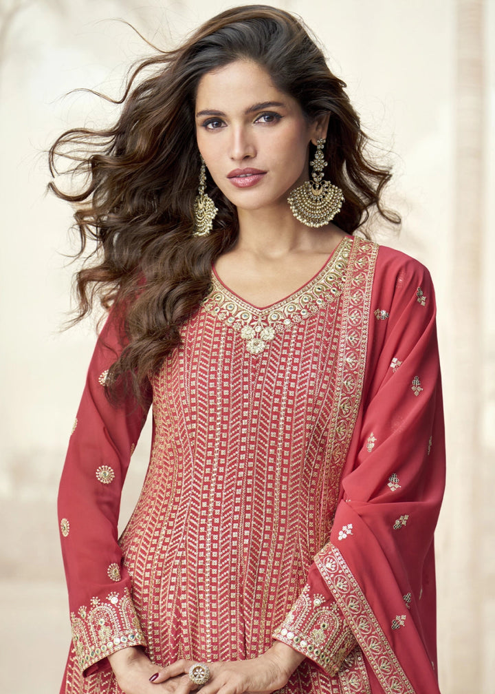 Persian Red Georgette Palazzo Suit for Women with Embroidery Work - House of Sarvati LLC