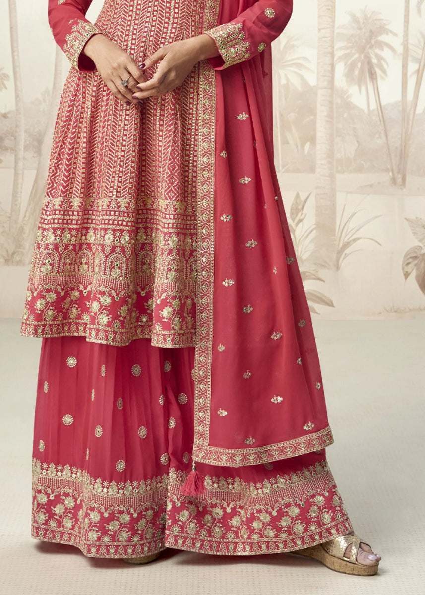 Persian Red Georgette Palazzo Suit for Women with Embroidery Work - House of Sarvati LLC