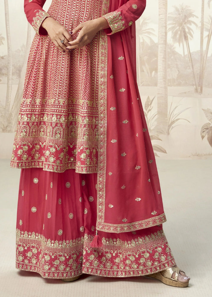 Persian Red Georgette Palazzo Suit for Women with Embroidery Work - House of Sarvati LLC