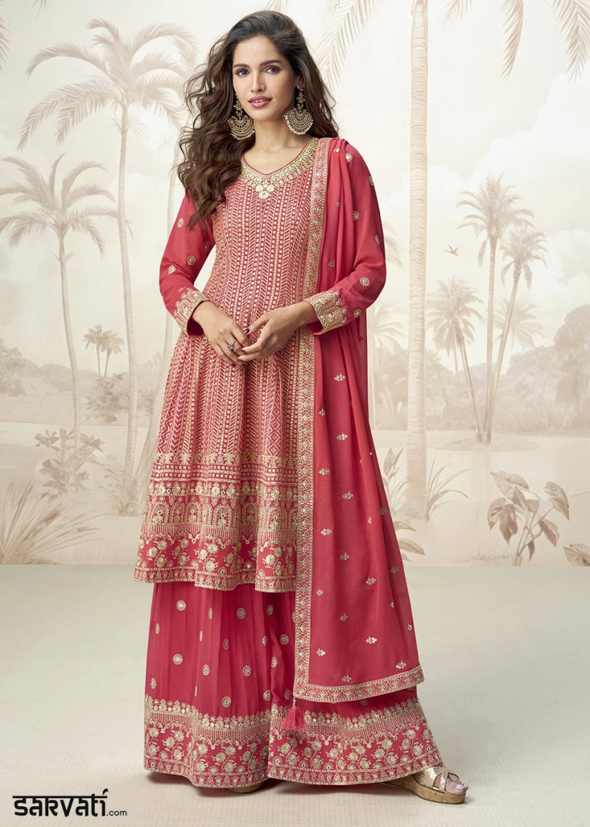Persian Red Georgette Palazzo Suit for Women with Embroidery Work - House of Sarvati LLC