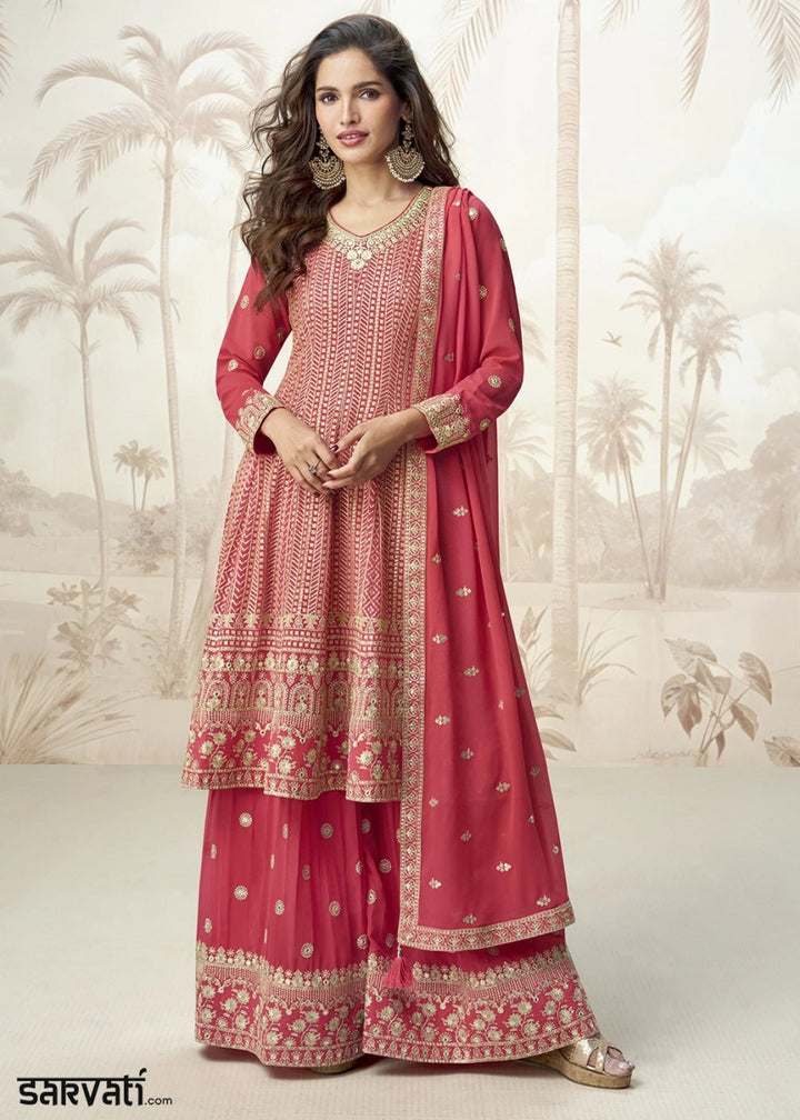 Persian Red Georgette Palazzo Suit for Women with Embroidery Work - House of Sarvati LLC