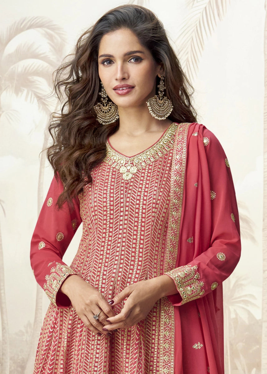 Persian Red Georgette Palazzo Suit for Women with Embroidery Work - House of Sarvati LLC