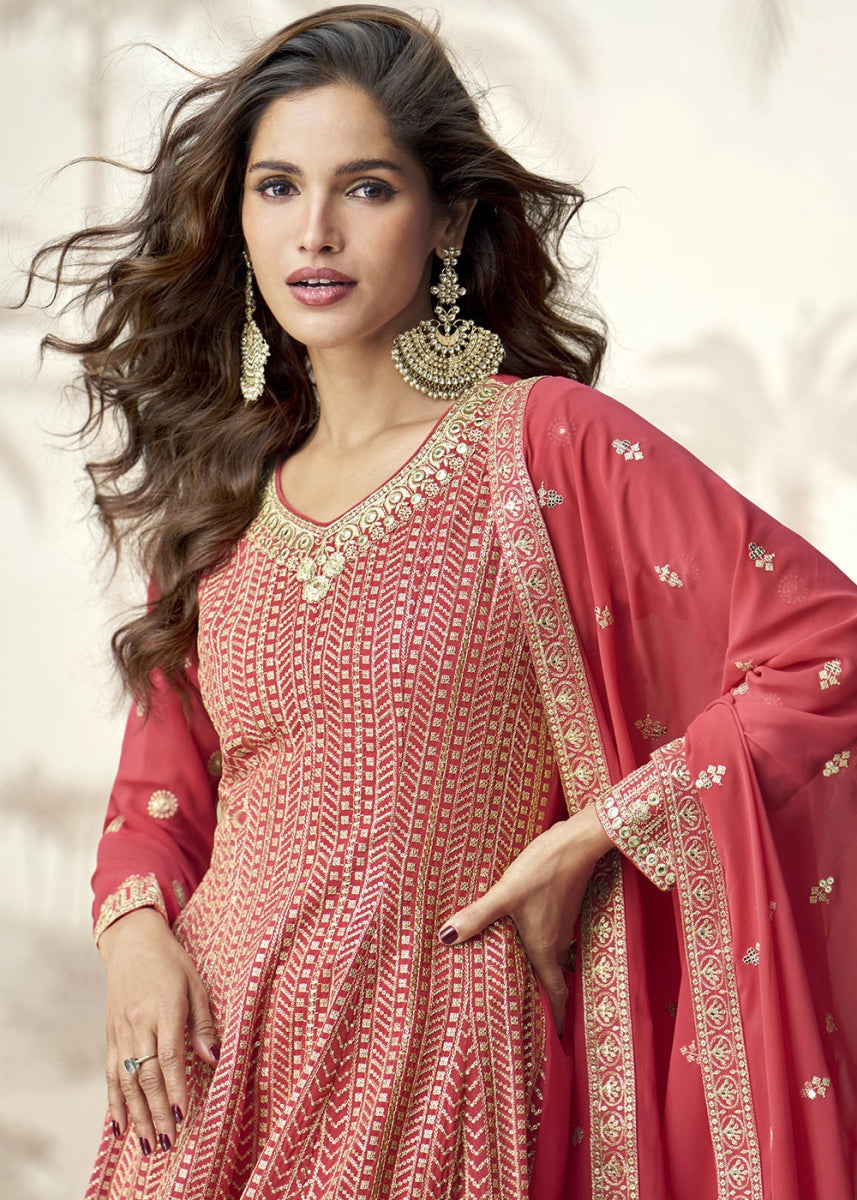 Persian Red Georgette Palazzo Suit for Women with Embroidery Work - House of Sarvati LLC